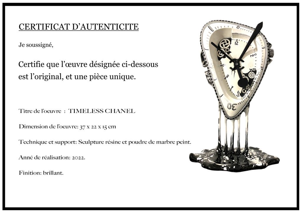 Certificat d’authenticité de la sculpture TIMELESS Chanel d’Acide