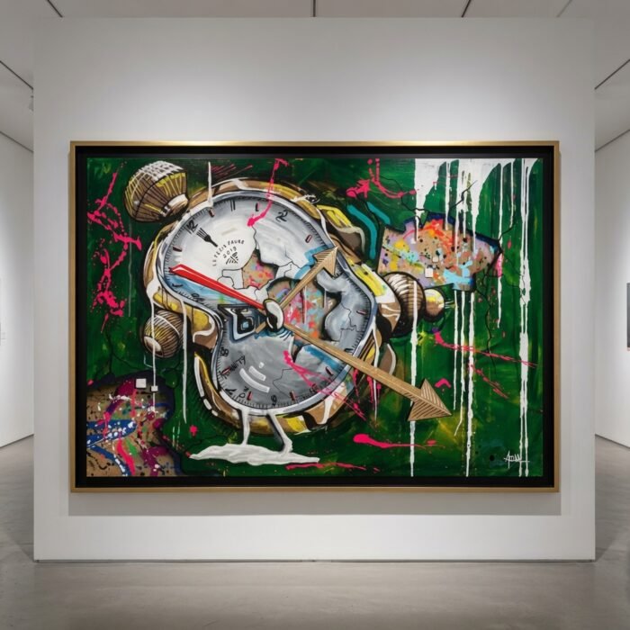 O'Clock, œuvre street art d'Acide, horloges dansantes sur fond kaki et noir