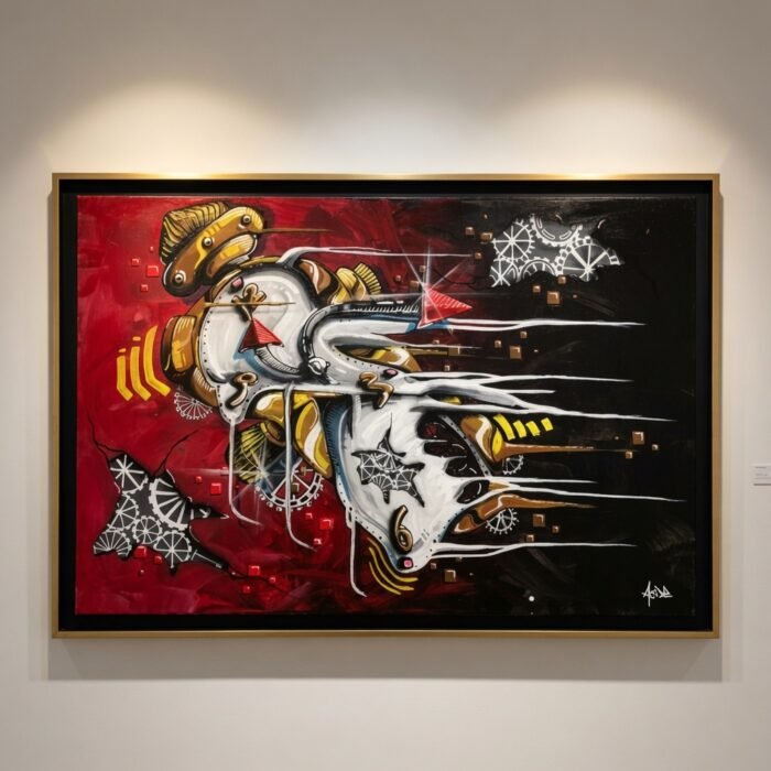 O'Clock Fire, œuvre street art d'Acide, horloge dansante sur fond rouge