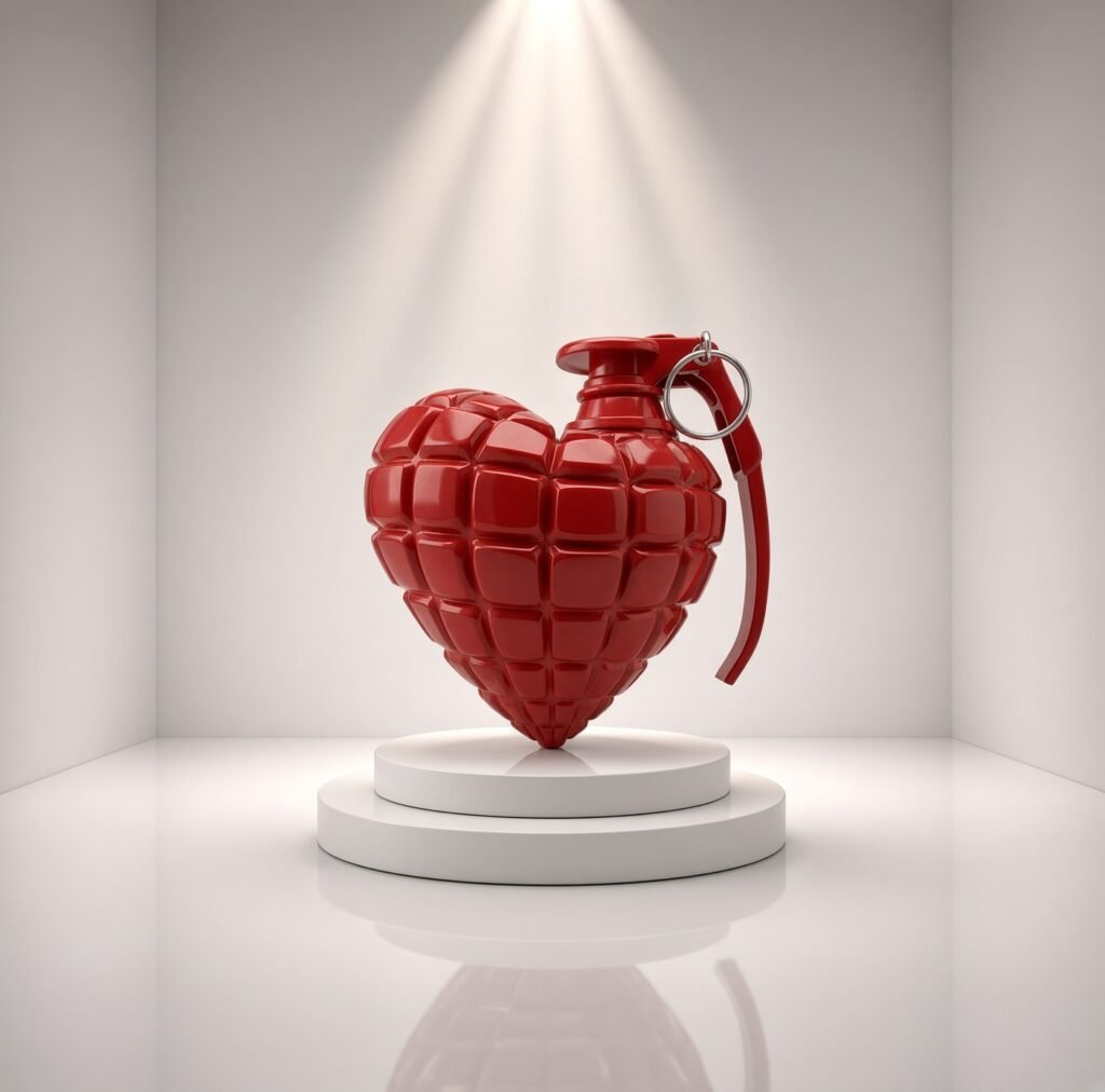 L'Frag, sculpture cœur-grenade rouge par Acide, artiste à Nice